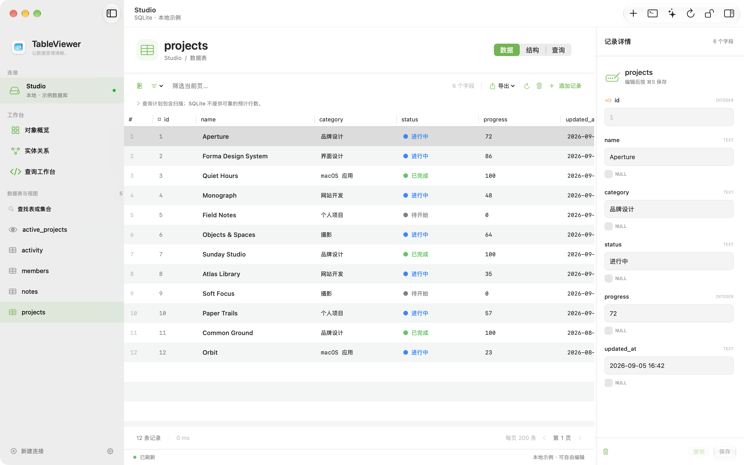 TableViewer Studio 工作台：自动估算栏、示例数据与记录详情